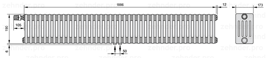 Схема (чертеж) Радиатор Zehnder Charleston 5019/41 №V007 Белый глянцевый RAL 9016